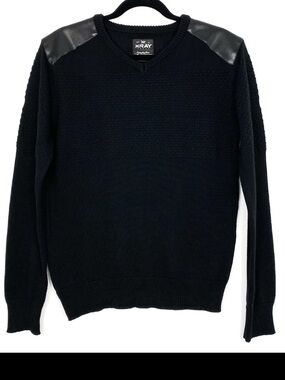 Men's Xray Jeans Black Knit V Neck Pullover Sweater Faux Leather Shoulders M